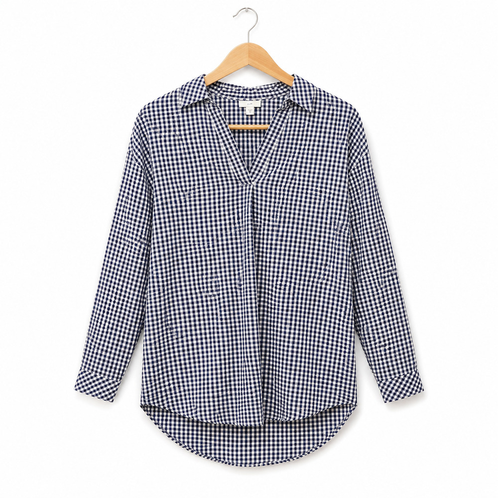 J Jill Popover Top Womens XS Blue White Gingham Cotton Modal Blend Cottagecore